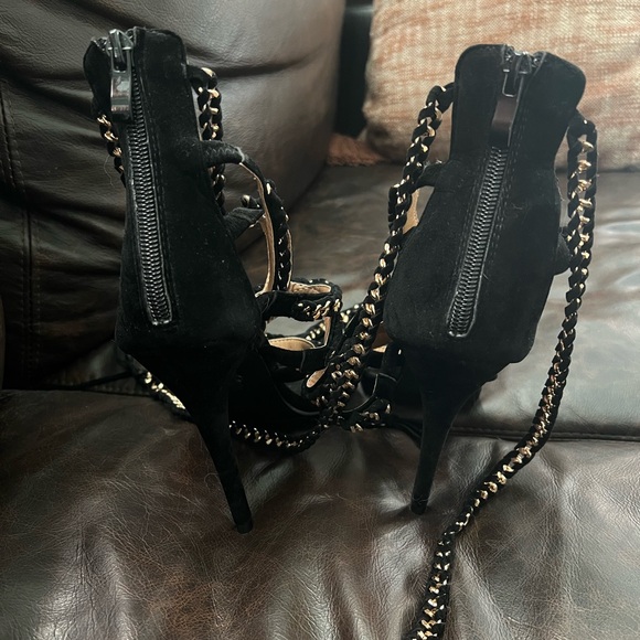 Black & Gold Chain Detail Lace Up Heels - Picture 3 of 8